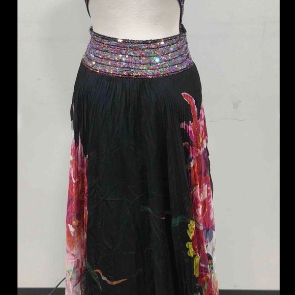 Jovani Silk Long Dress Gown Black Floral Embellished Formal Sleeveless Open Back - Picture 4 of 6